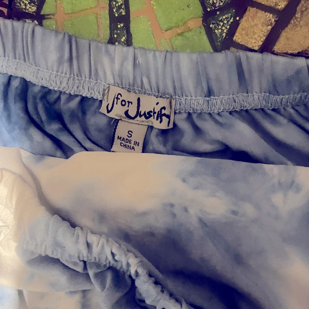J for justify , small, blue tye dye.